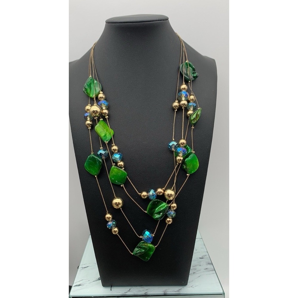Multi Layer Gold Tone Beads Green Painted Shell Faceted AB Crystals Necklace